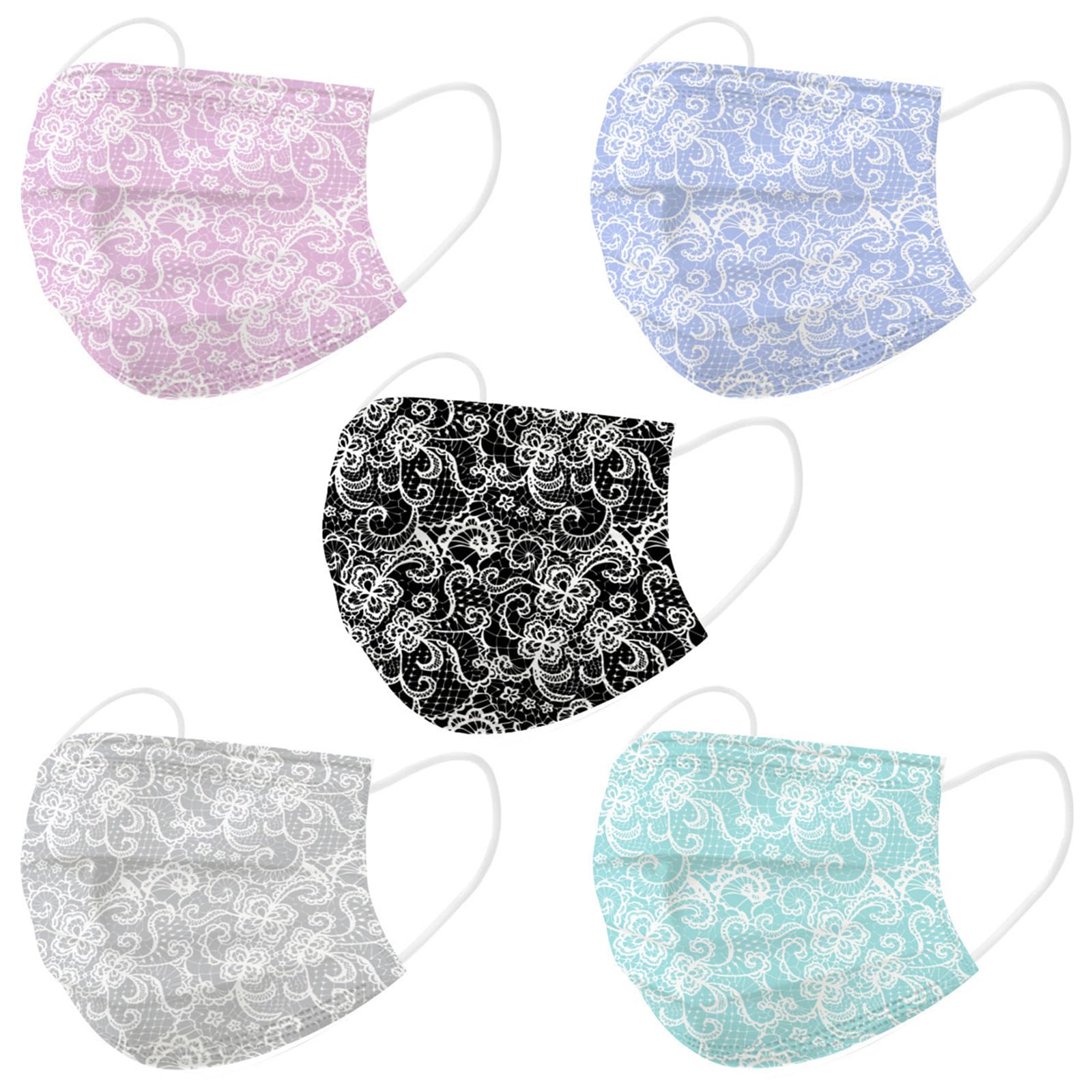 50PCS Lace Disposable Face Mask, 3 Ply Breathable Fashion Face Masks for Adults Women Full Face Protection (Multicolor)