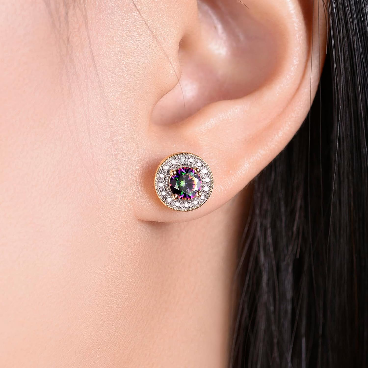 RYLOS Yellow Gold Plated Silver Halo Stud Earrings - 4MM Round Gemstone & Diamonds - Exquisite Birthstone Jewelry