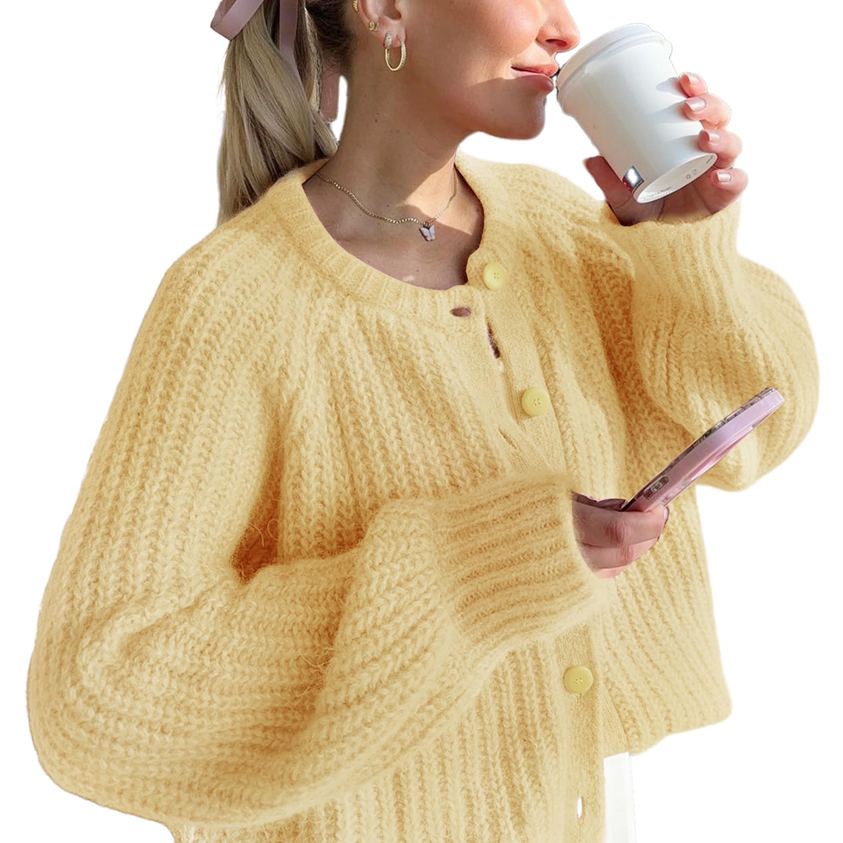 Wyeysyt Damen-Strickjacke, Knopfleiste, langärmelig, Grobstrick, weich, vorne offen, locker, lässiger Cardigan
