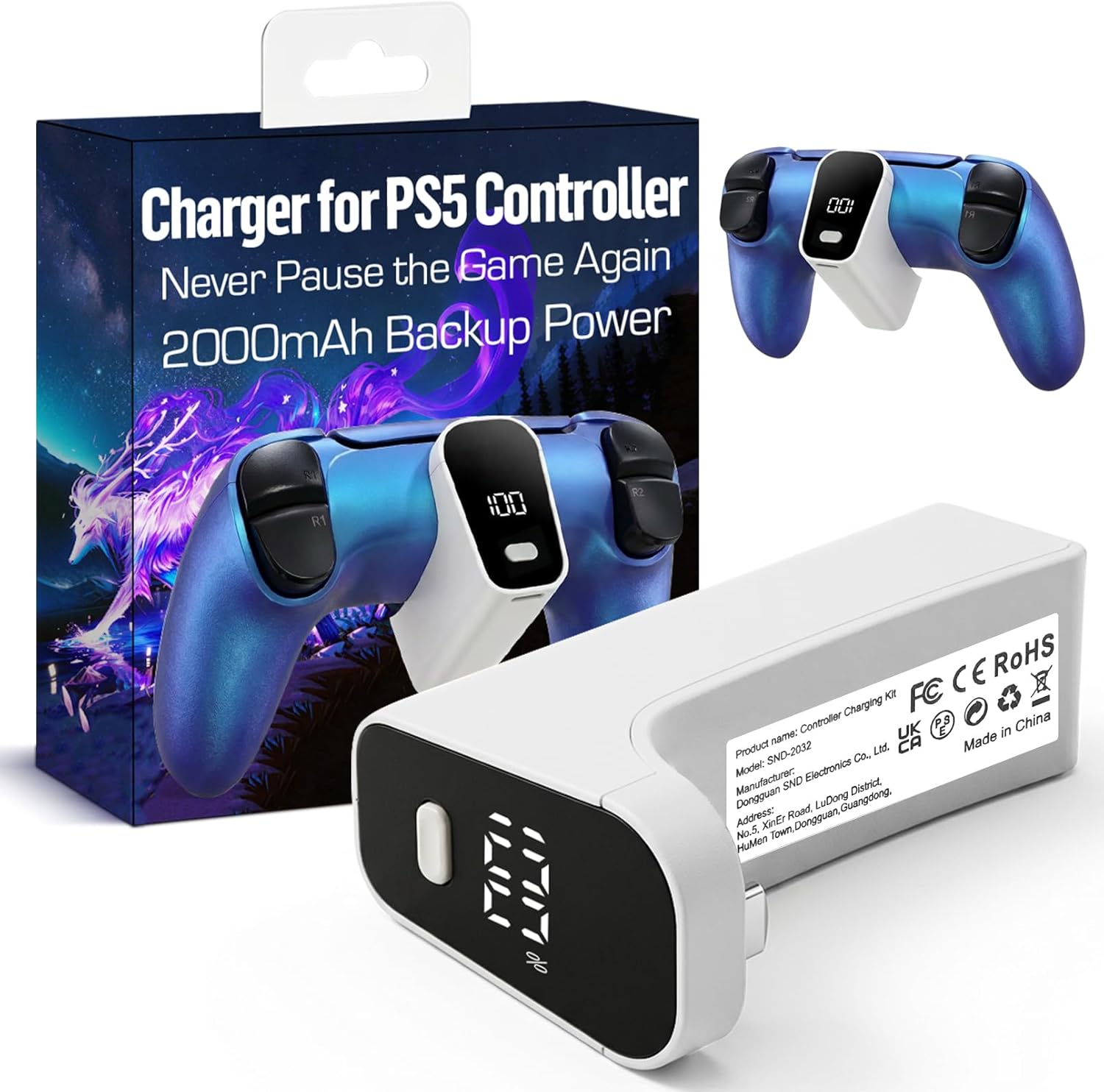 Wireless Charger for PS5 Controller with 2000mAh Battery Pack, Play While Charging for PlayStation 5 Controller Charger LED Display 12H Extended Playtime Ultra-Light Portable Not for Edge
