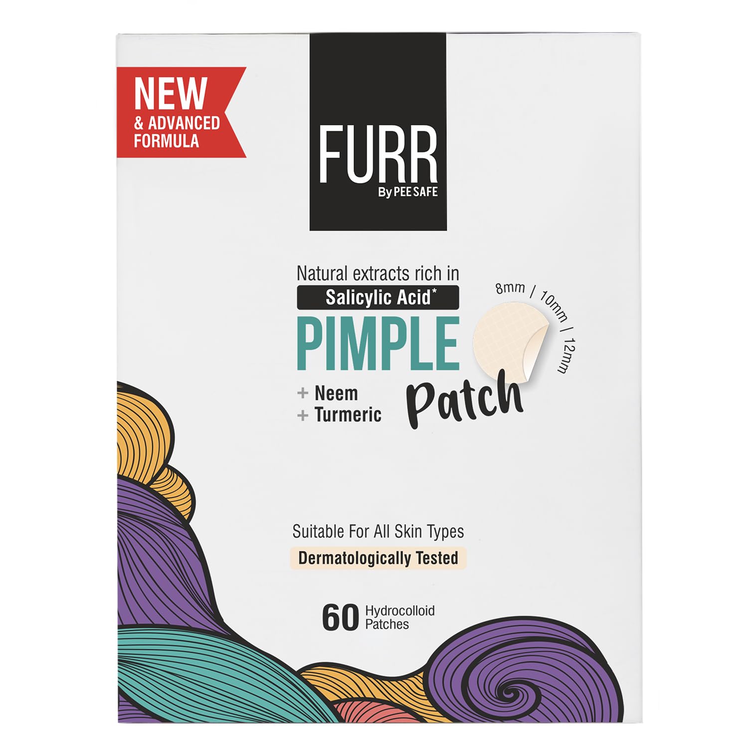 FURR Acne Patches | 60 Hydrocolloid Pimple Patches in 3 SIZES | with TURMERIC & NEEM | ABSORBS Oils & Prevents SCARRING | Anti Inflammatory | For all Skin Types | Reduces Acne, Spots and Blemishes
