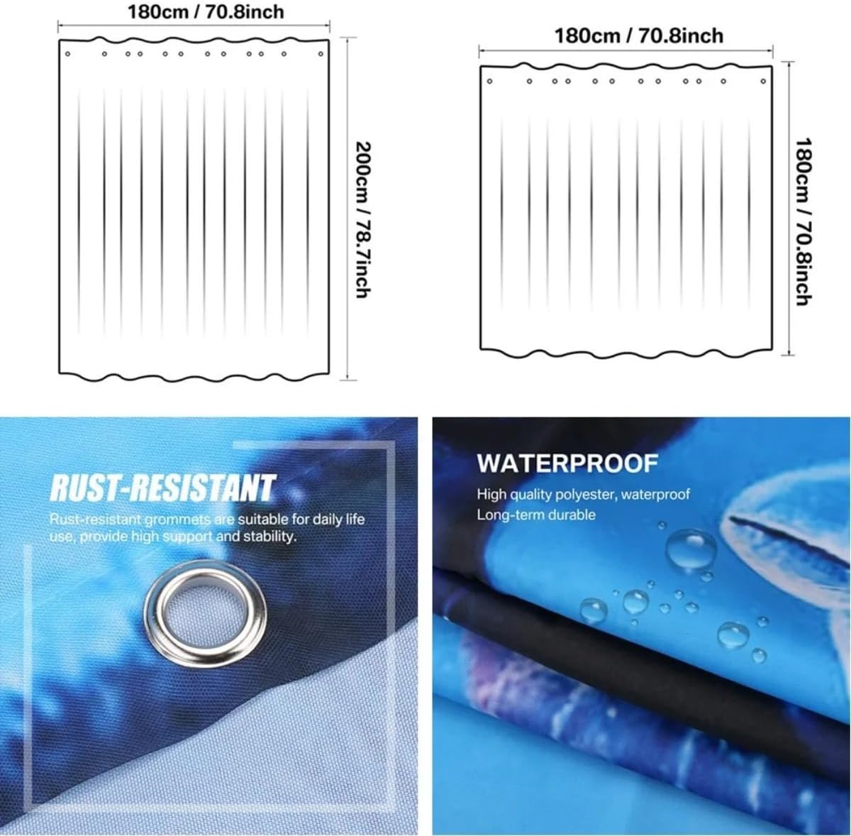 Dolphin Shower Curtain, Blue Underwater World Marine Life, Polyester Fabric, Kids Ocean Theme, 12 Hooks (A, W180xH200cm)