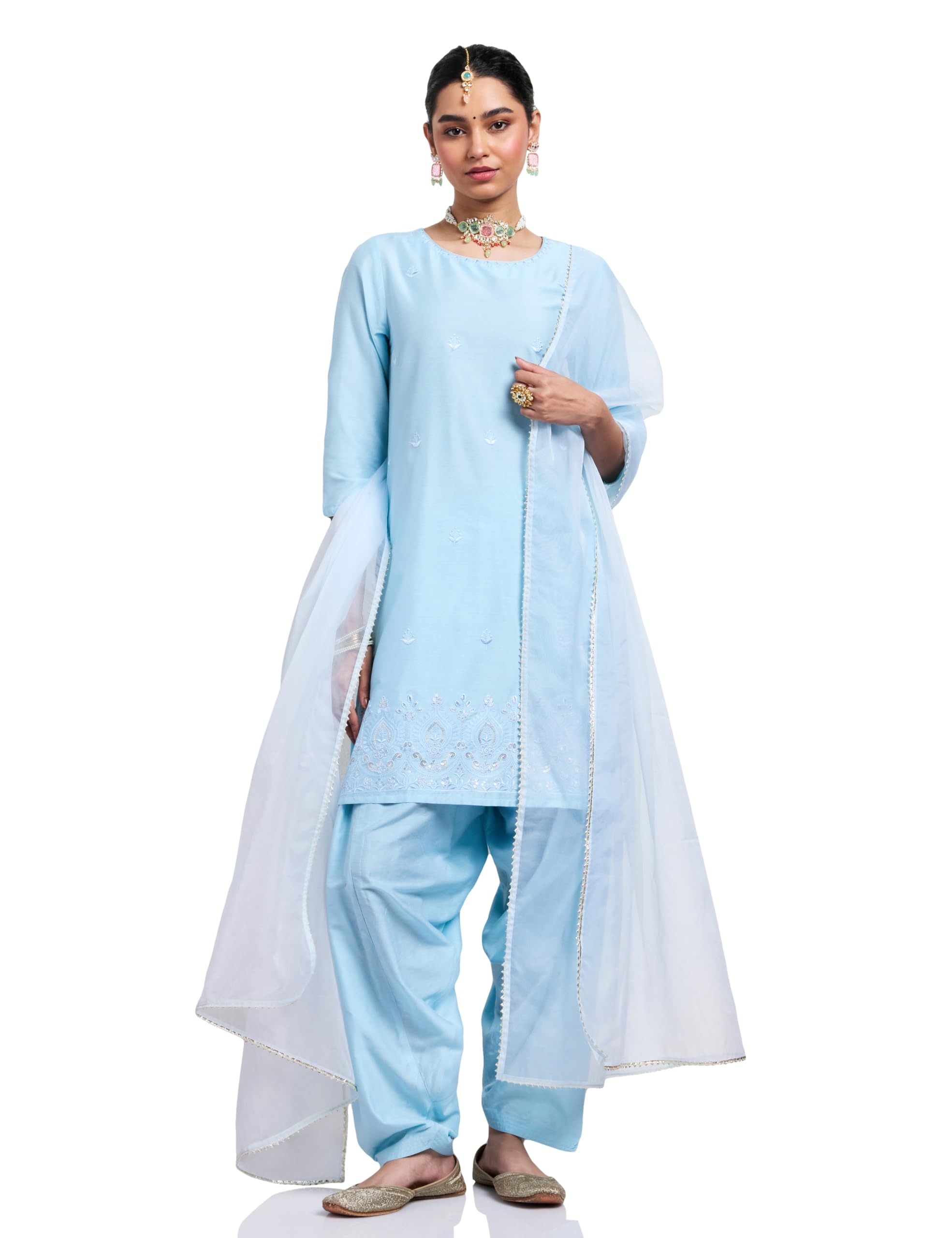 amazon brand - myx Women's Straight Embroidered Farsi Kurta Set with Organza Dupatta | Dhoti Pants (Available in Plus Sizes)-picture-39