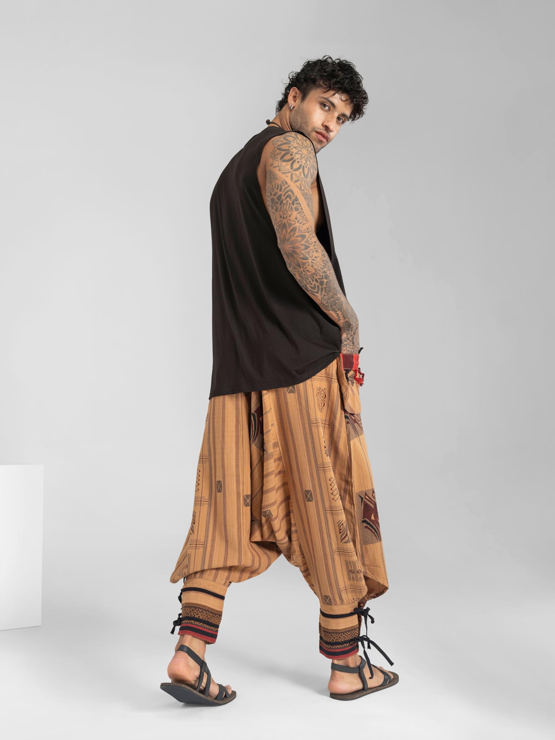 The Veshti Company Boho Harem Pants for Men – Low Crotch Tribal Hippie Trousers with Ethnic Detailing – Cotton Yoga Lounge Festival Wear, Beige, Large Size 4