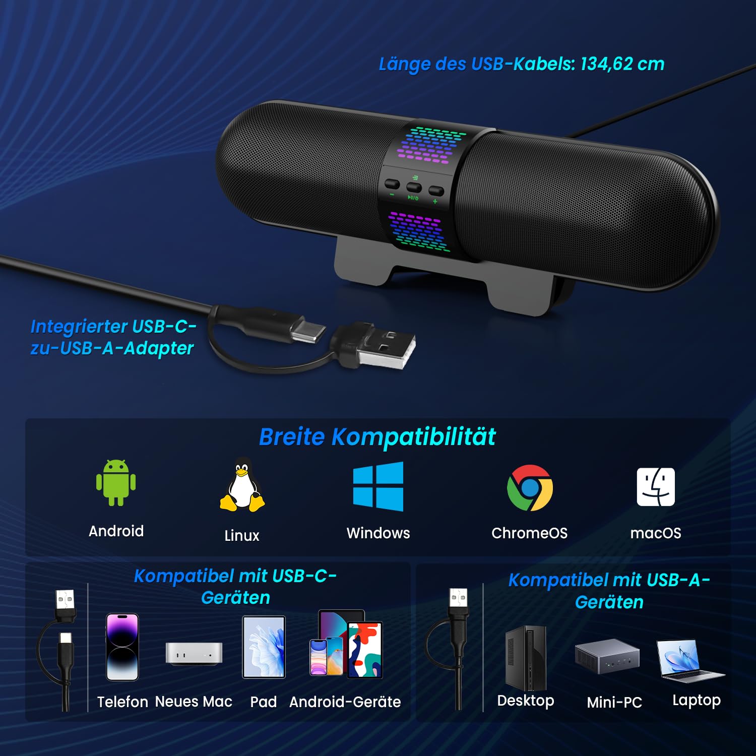 BESTISAN Computer-Lautsprecher, PC-Lautsprecher mit Bluetooth & Typ-C (USB) Modus; USB-betriebene Monitorlautsprecher mit Clip-on-Design, Gaming-Lautsprecher für PC/Desktop/Laptop; LED-Lichtanzeige