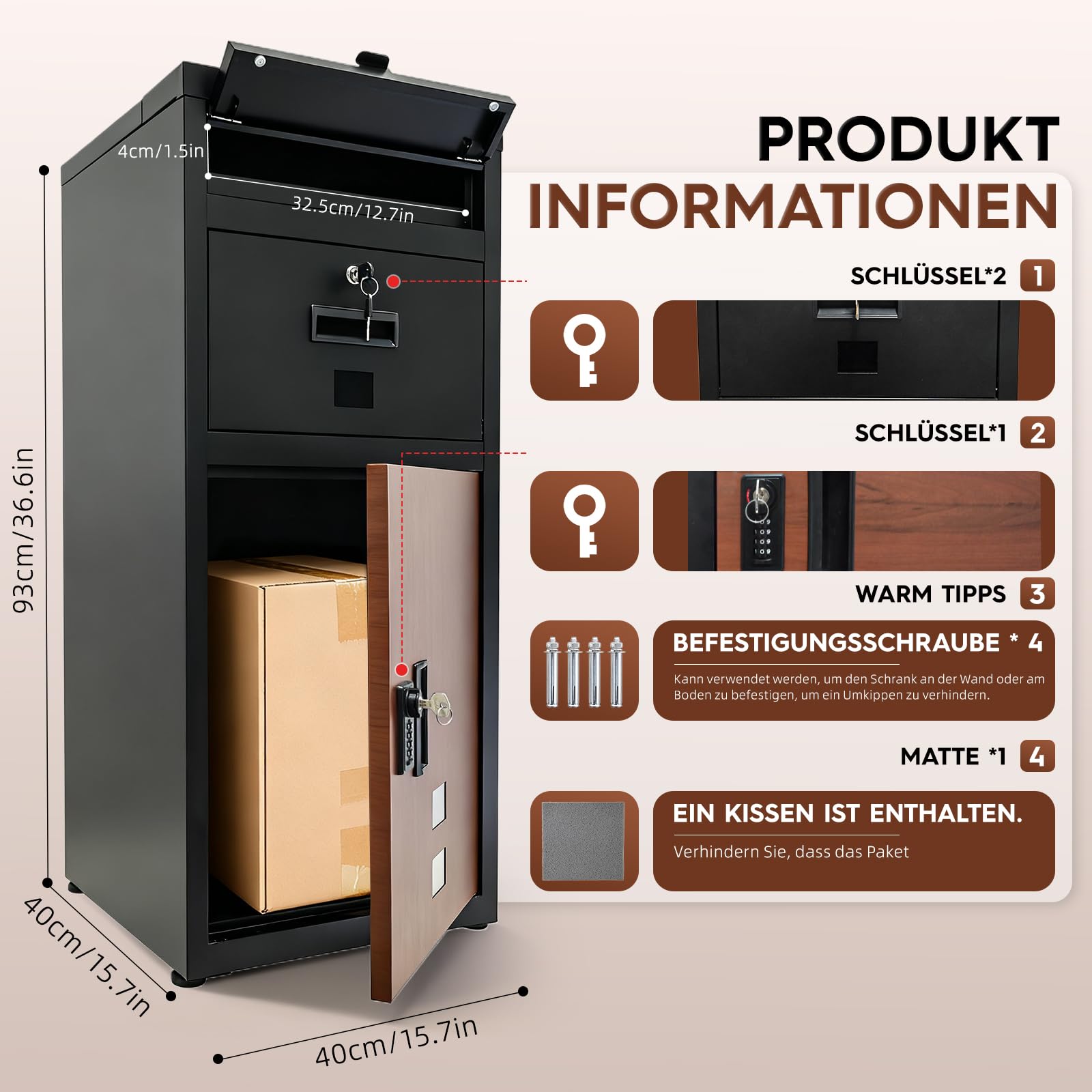 Paket-Briefkasten, Paket-Briefkasten mit Zahlenschloss, Paketkasten für draußen mit Anti-Diebstahl, wasserdicht, rostfreie Funktion für Veranda, Bordsteinkante, 40 * 40 * 94cm