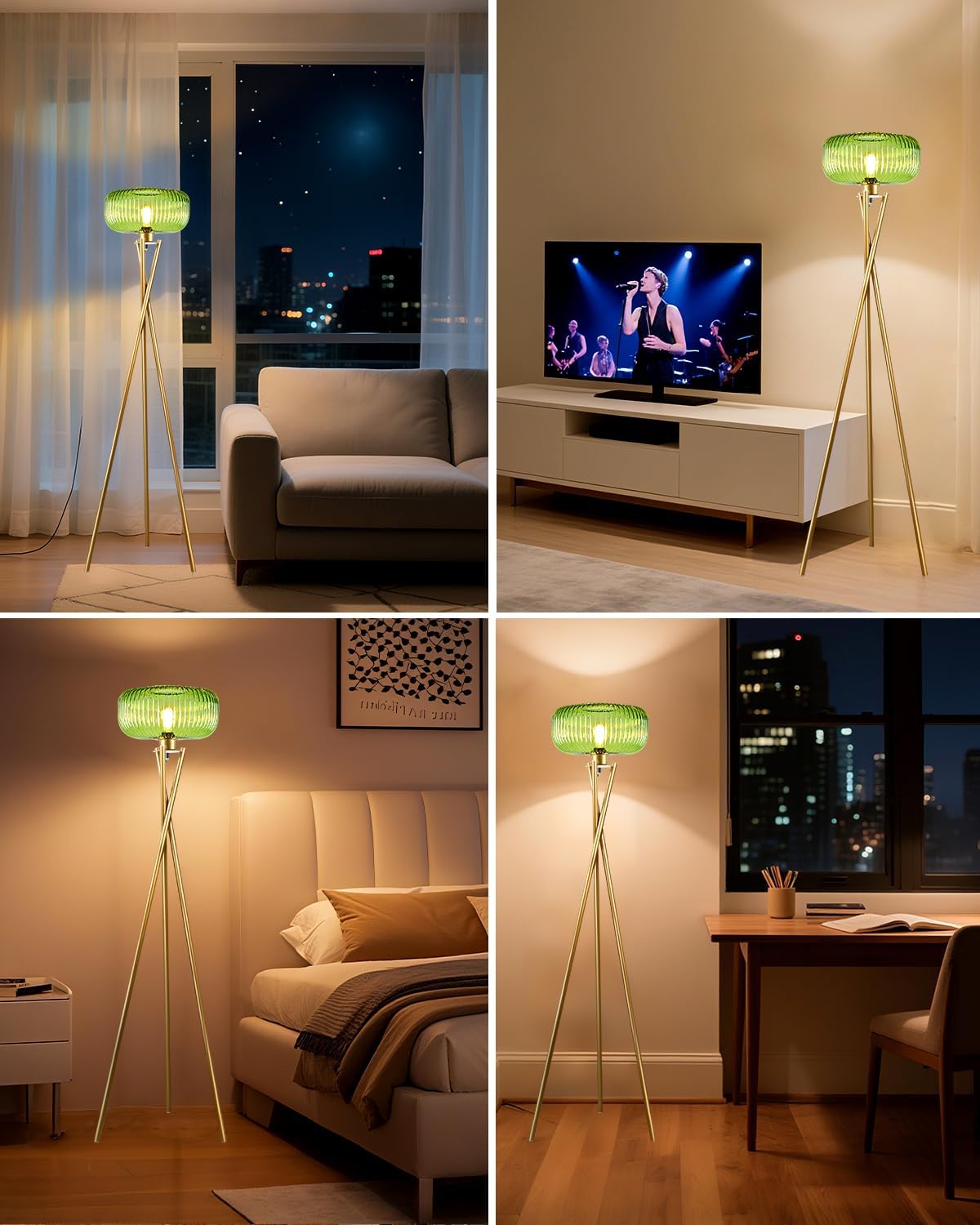 Lightdot Glass Tripod Floor Lamp for Living Room, Modern Gold Standing Lamp with Green Ribbed Glass Lampshade, Arc Tall Lamp for Bedroom Office Reading Room/Sofa Beside/Corner Decor (Bulb Included)