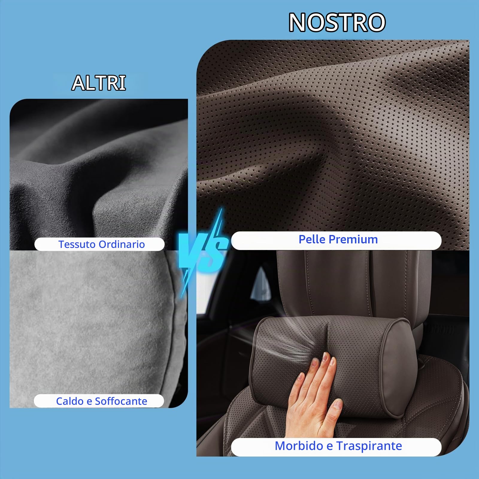 Cuscino Poggiatesta Auto in Pelle e Schiuma di Memoria, Supporto per il Collo Dell'auto, Ergonomico Cuscino Cervicale per Viaggio, Sedili Auto e Casa, Ufficio, Marrone, 2 Pezzi