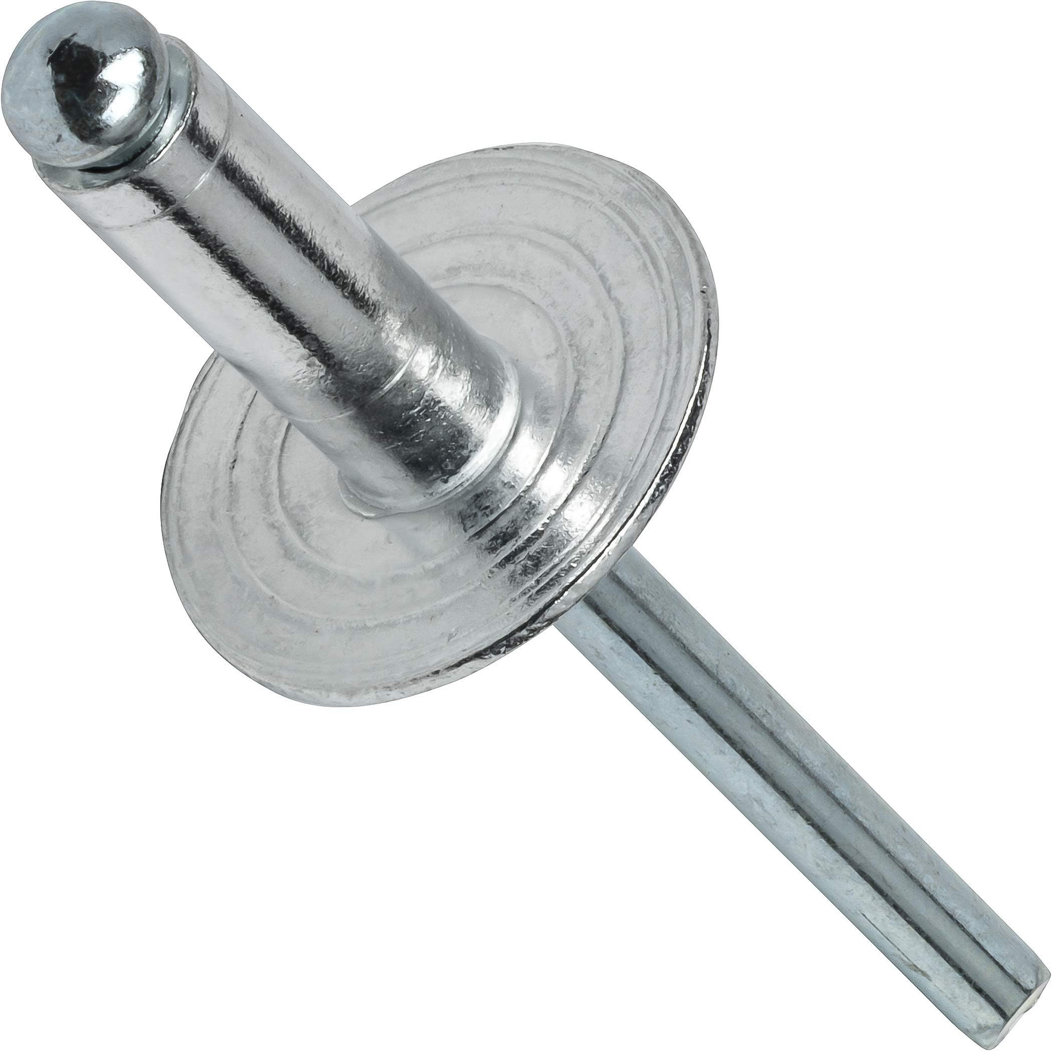Fastenere Large Flange Pop Rivets - 3/16" x 3/8" (50 Pack) Aluminum Body Steel Mandrel, Heavy Duty Dome Head Blind Rivets, Open End 6-6 Gap .251" -