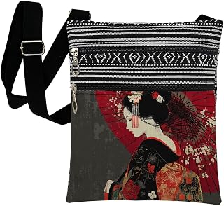 Japanese Ukiyo-e Geisha Red Umbrella Women Crossbody Bag | Adjustable Strap Single Bag Secure Zipper Purse Phone Wallet Keys Lip Gloss Ideal Holiday Birthday Present for Sister Friend
