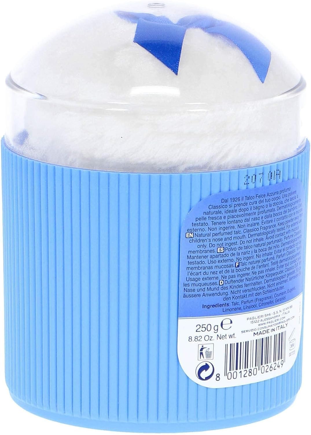 Felce Azzurra Paglieri - Polvo corporal con borla, talco Classico con Piumino, talco clásico con esponja, 12 x 250 g + Polpa italiana Gourmet 400 g