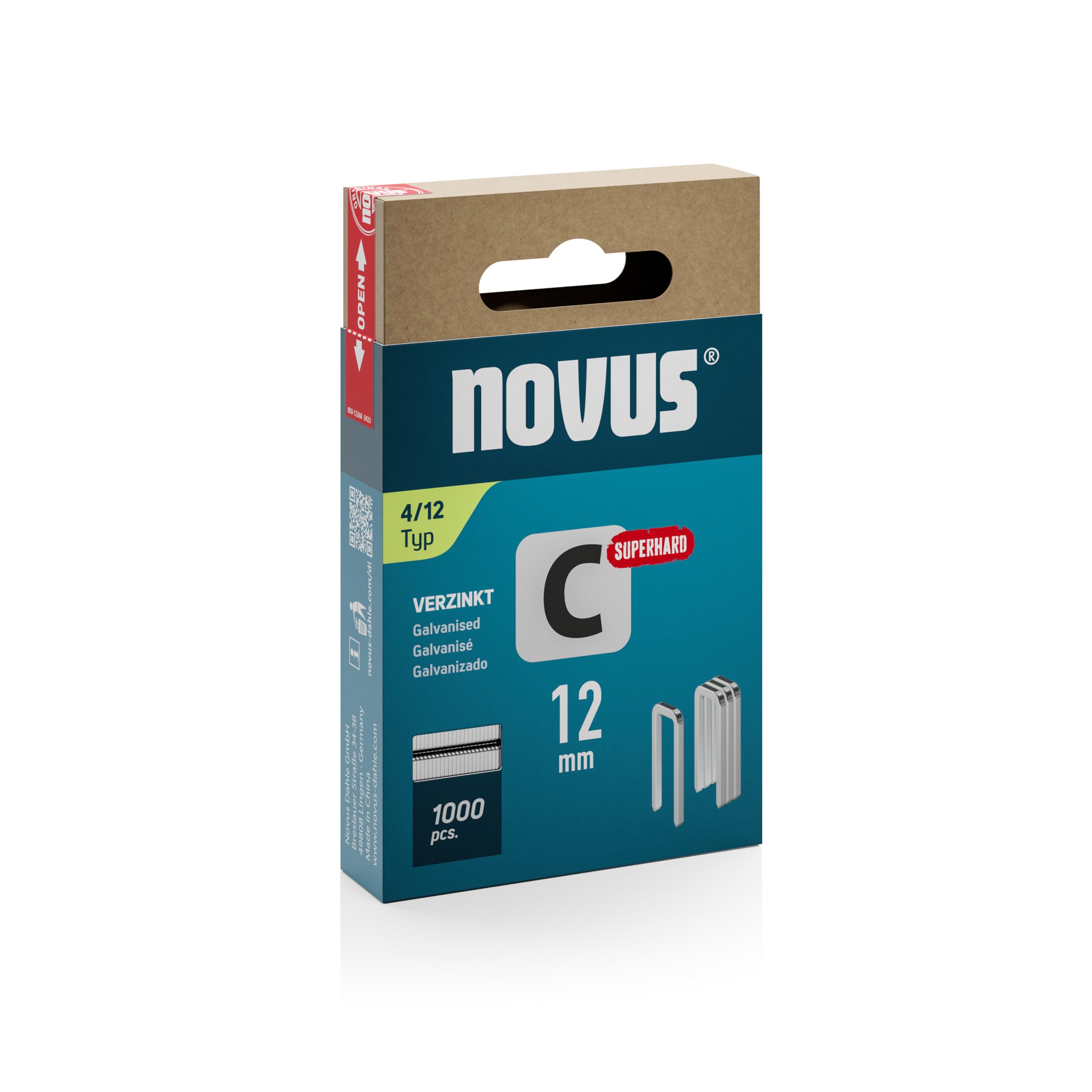 NOVUS TOOLS Narrow Spine Staples 12 mm "Super Hard", 1000 Staples Type 4/12, Sliding Box, Stapler for Profile Woods and Panels