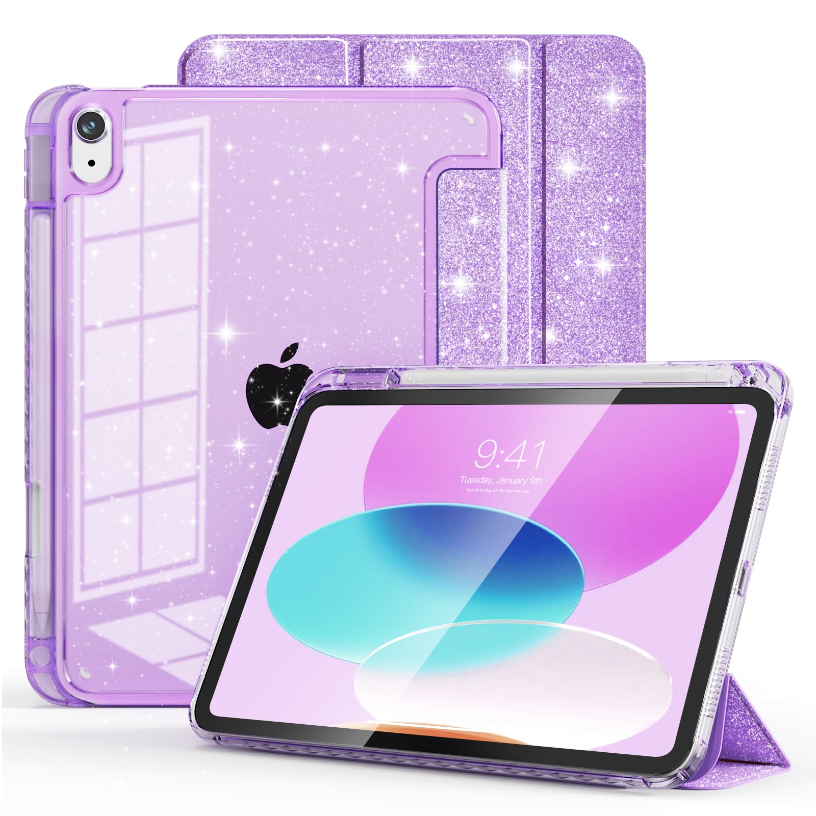 ZOYU Hülle für iPad (A16) 11 Generation 11 Zoll 2025 & iPad 10 Generation 10,9 Zoll 2022, Glänzende Pailletten-Leder- & Klare Rückseite mit Stifthalter, Auto-Wake/Sleep, Lila