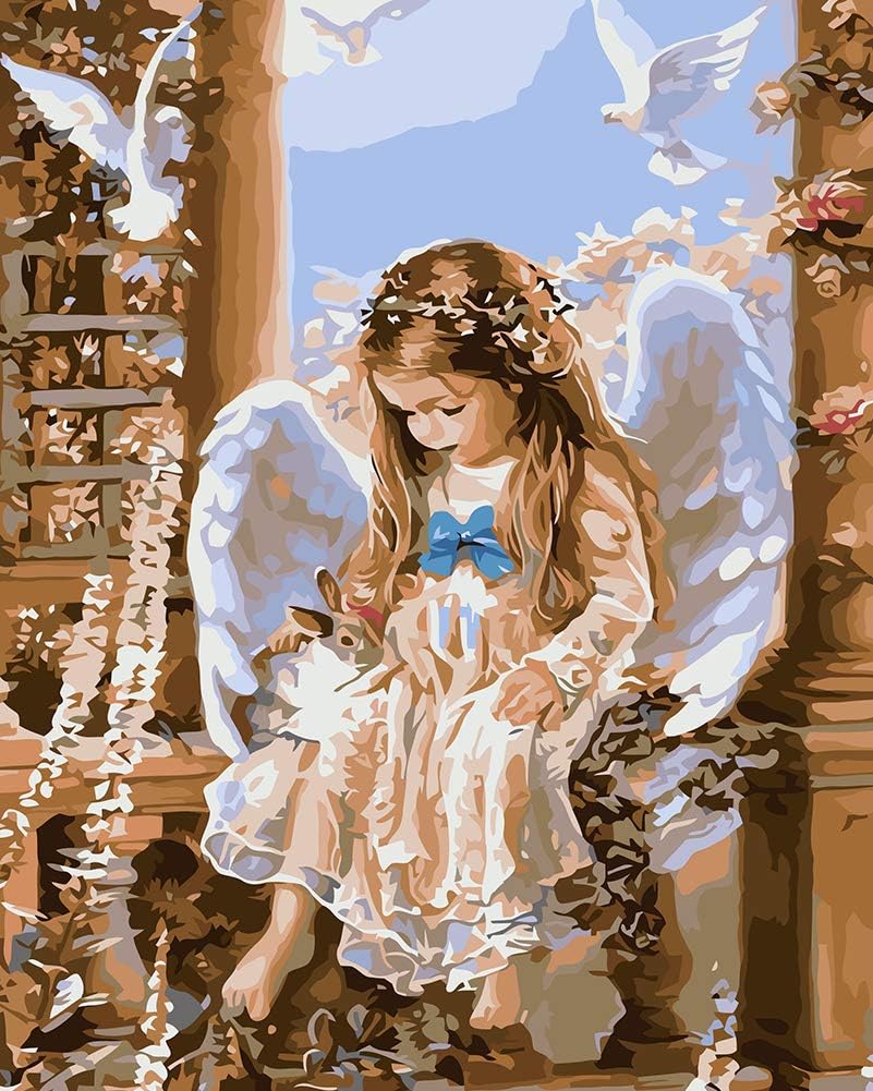 Suntown Paint by Numbers for Adults and Kids, 40 x 50cm DIY Oil Painting with Brushes and Paints - Angel and Rabbit (Without Framed)