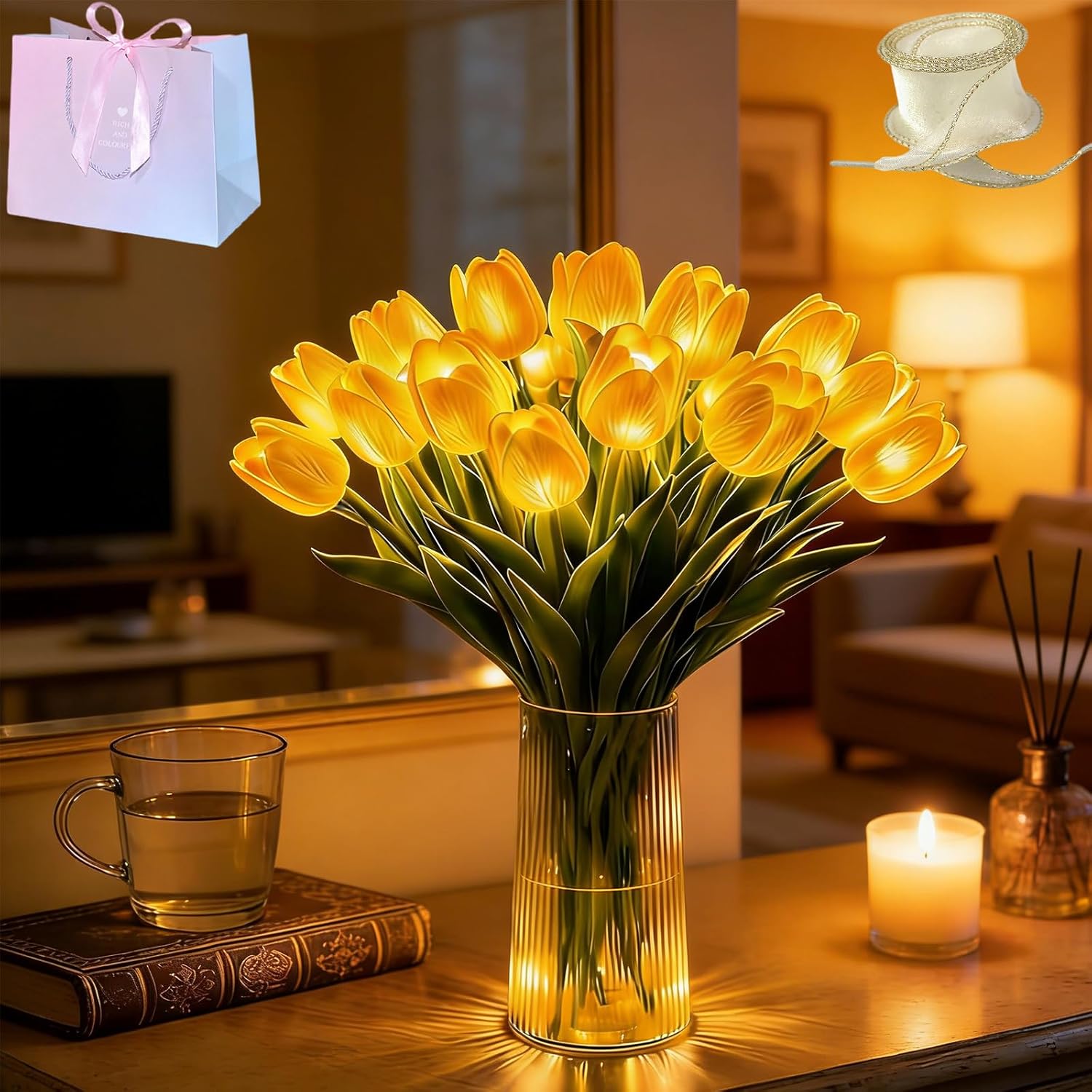 Giltpeak 20pcs LED Radiant Romantic Tulip Light with a Vase,13in Tulips Night Light that Never Fade, Valentine's Day and Easter Home Kitchen Wedding Dining Table Decor (20, Yellow)