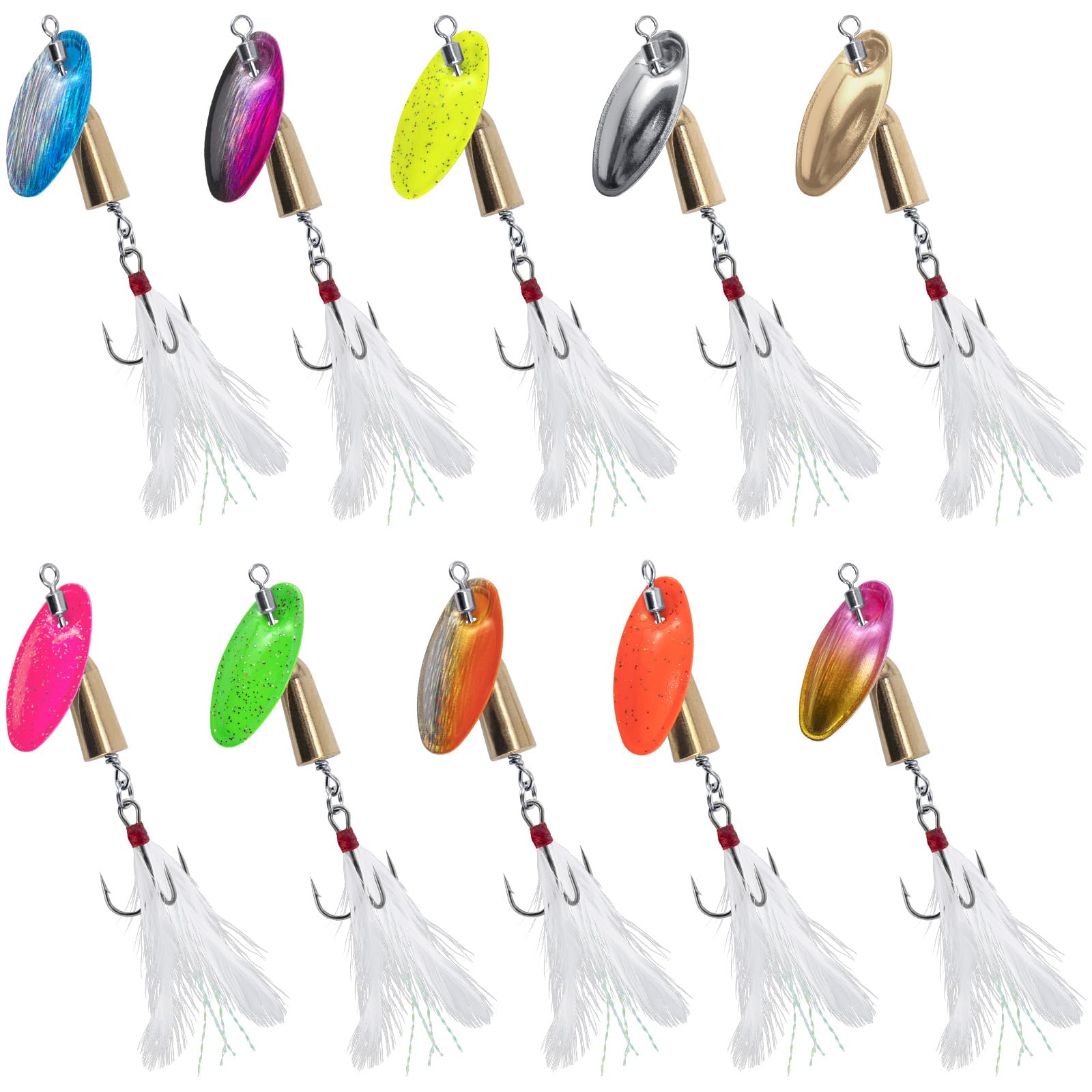 Dr.Fish 10 Pack Fishing Spinner Inline Spinner Lures Single Hook Trout Spinnerbait Lures Kits Bass Crappie Salmon Panfish Walleye Freshwater Stream
