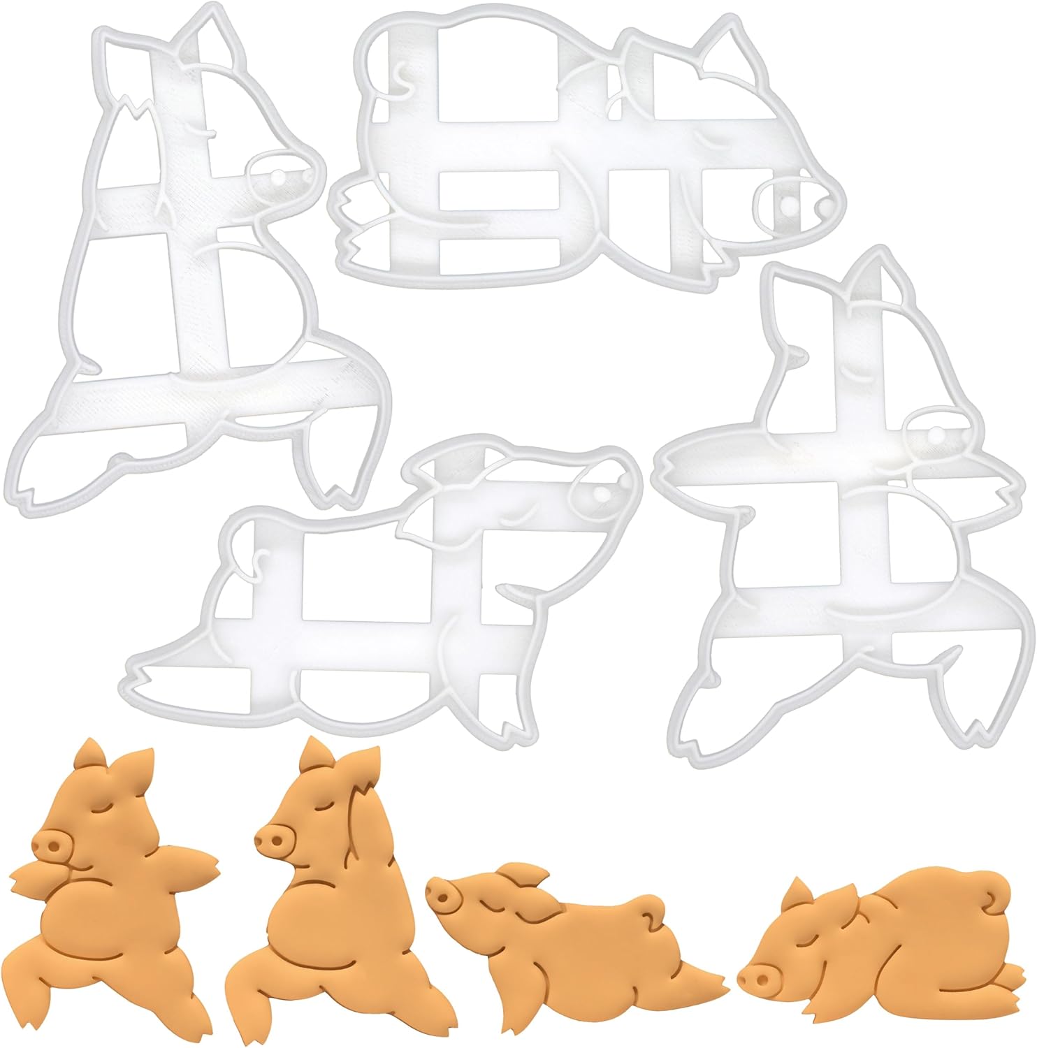 Set of 4 Yoga Pig cookie cutters (Warrior Pose 1, Pose 2, Balasana, and Upward Facing), 4 pieces - Bakerlogy