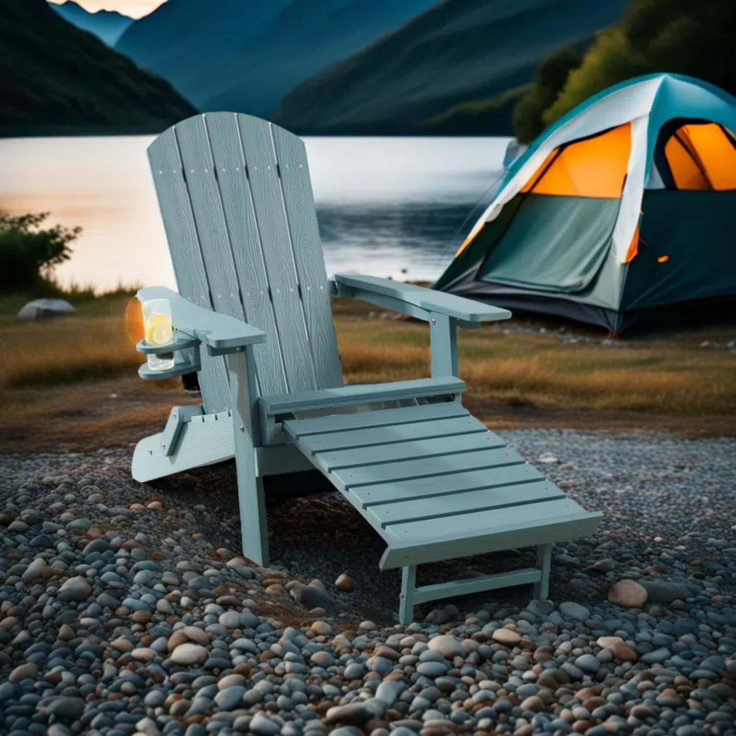 Ogarden Adirondack Loungesessel Arizona, Mit Fußschemel, Getränkehalter, HIPS Kunststoff, Holz-Optik - für Balkon, Terrasse, Rasen, Kamin (Grün)