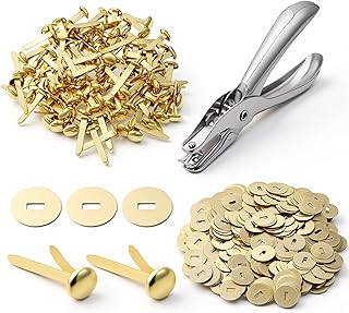 100 PCS Paper Fasteners for Crafts, and 300 Pieces Washers with Hole Punch, Mini Brass Brads Paper Fasteners Round Brad Fastener Brads for Papers Crafts DIY Scrapbooking Supplies (Gold, 20mm Long)