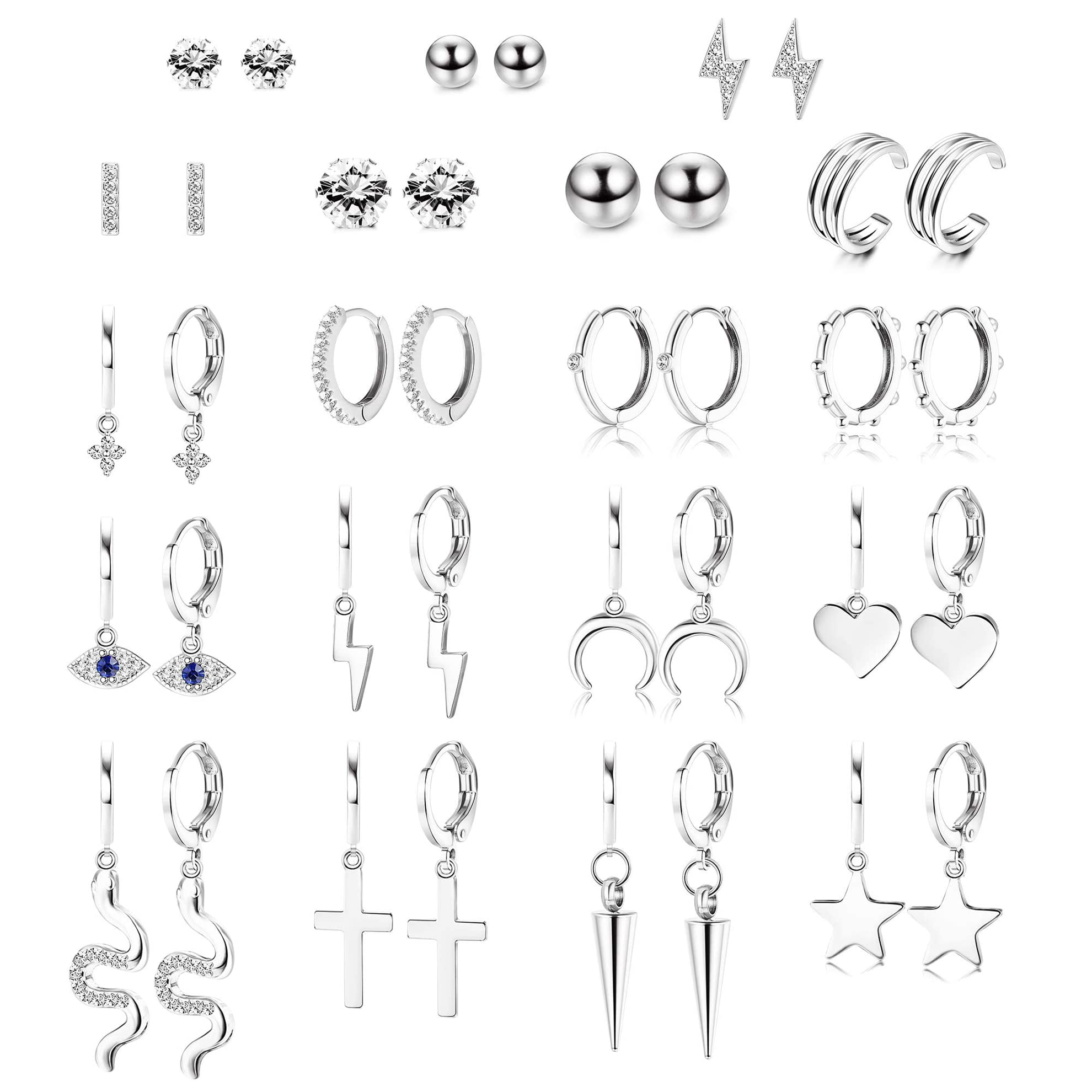 CASSIECA15-19 Pares Aretes Colgantes de aro para Mujeres y Niñas Aretes de aro Huggies Pequeños Aretes de Crucifijo Aretes de Estrella Luna Circonita Cúbica Juego de Aretes Pequeños