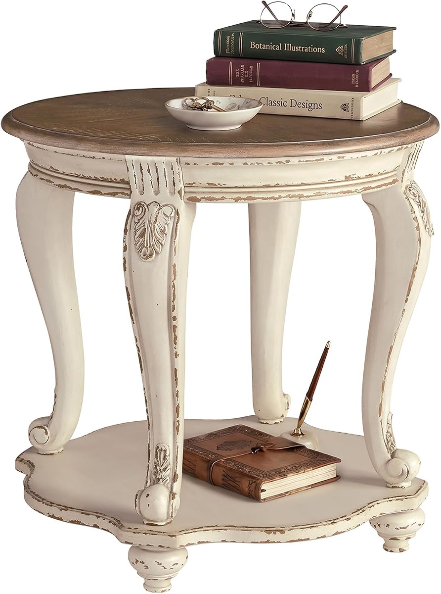 Mesa auxiliar redonda Realyn, estilo campestre francés, blanco | Chapa de fresno y madera de ingeniería, ménsulas de resina fundida, estante inferior fijo, mesa auxiliar estilo rústico francés, mesa auxiliar blanca