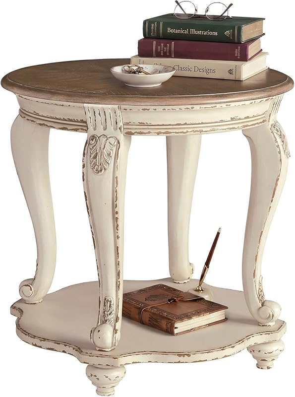 Mesa auxiliar redonda Realyn, estilo campestre francés, blanco | Chapa de fresno y madera de ingeniería, ménsulas de resina fundida, estante inferior fijo, mesa auxiliar estilo rústico francés, mesa auxiliar blanca