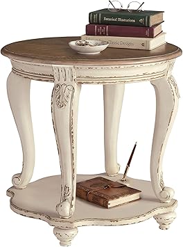 Signature Design by Ashley Realyn Round End Table, Cottage-Style Side Table with Antiqued Two-Tone Finish, Wood & Veneer Construction for Living Room or Bedroom, White/Brown