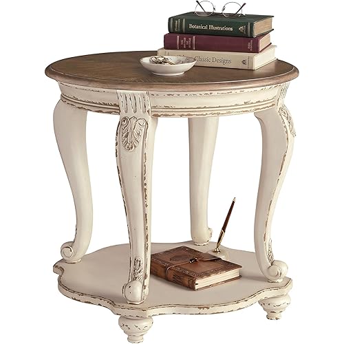 Signature Design by Ashley Realyn Round End Table, Cottage-Style Side Table with Antiqued Two-Tone Finish, Wood & Veneer Construction for Living Room or Bedroom, White/Brown