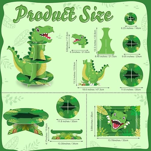 Miniatura 2 de Weewooday Juego de 5 soportes para cupcakes de dinosaurio, 1 torre para cupcakes de dinosaurio de 3 niveles, 2 soportes para cupcakes de 1 nivel, 2
