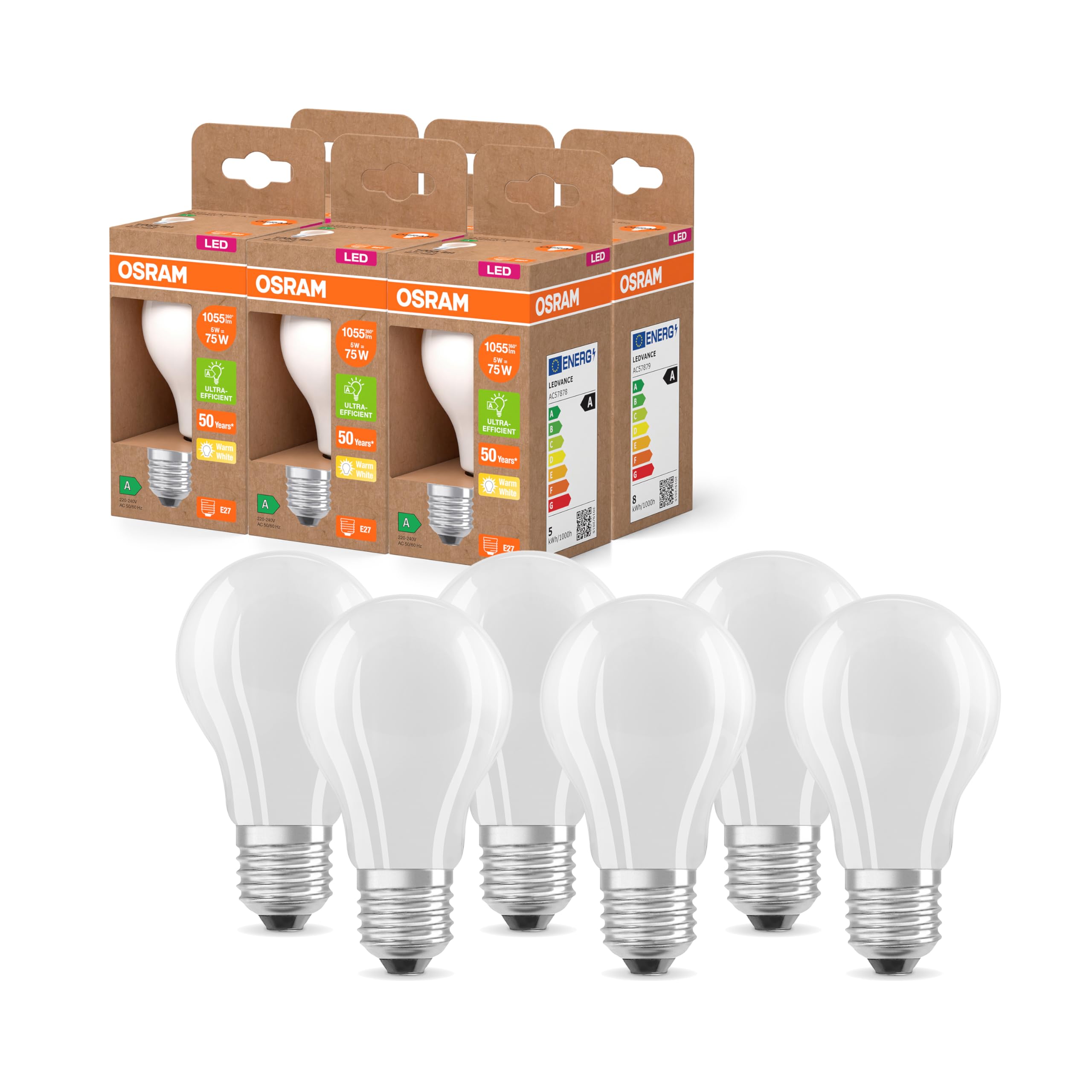 Osram LED Superstar Classic LED-Lampe A 75 in klassischer Kolbenform aus gefrostetem Glas, 5 W, 1055 lm, E27 Fassung, 2700 K für warmweißes Licht, EEK A, 60 mm Durchmesser, 6-Pack