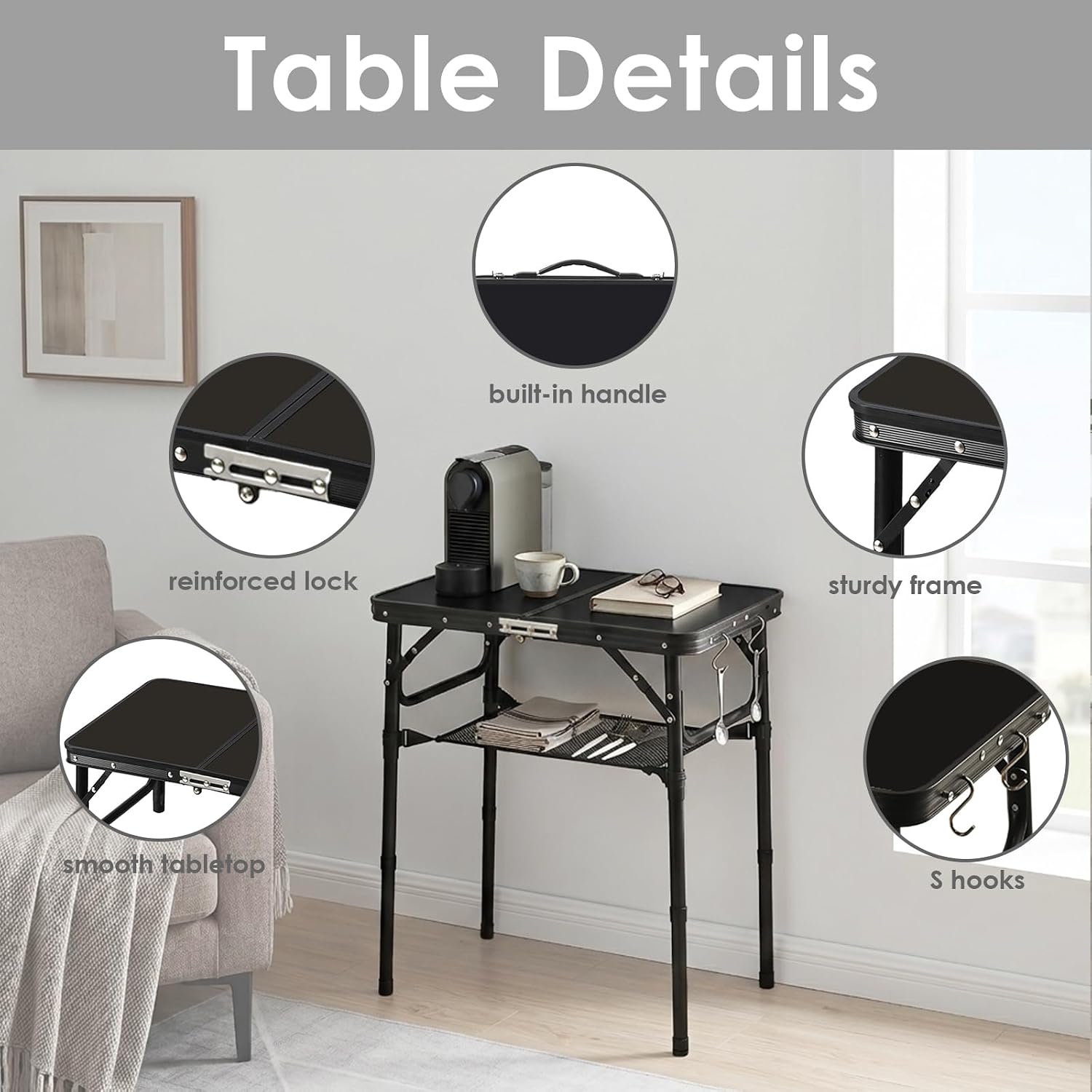 Folding TV Dinner Tray Table, Adjustable Height Sofa Table, Black