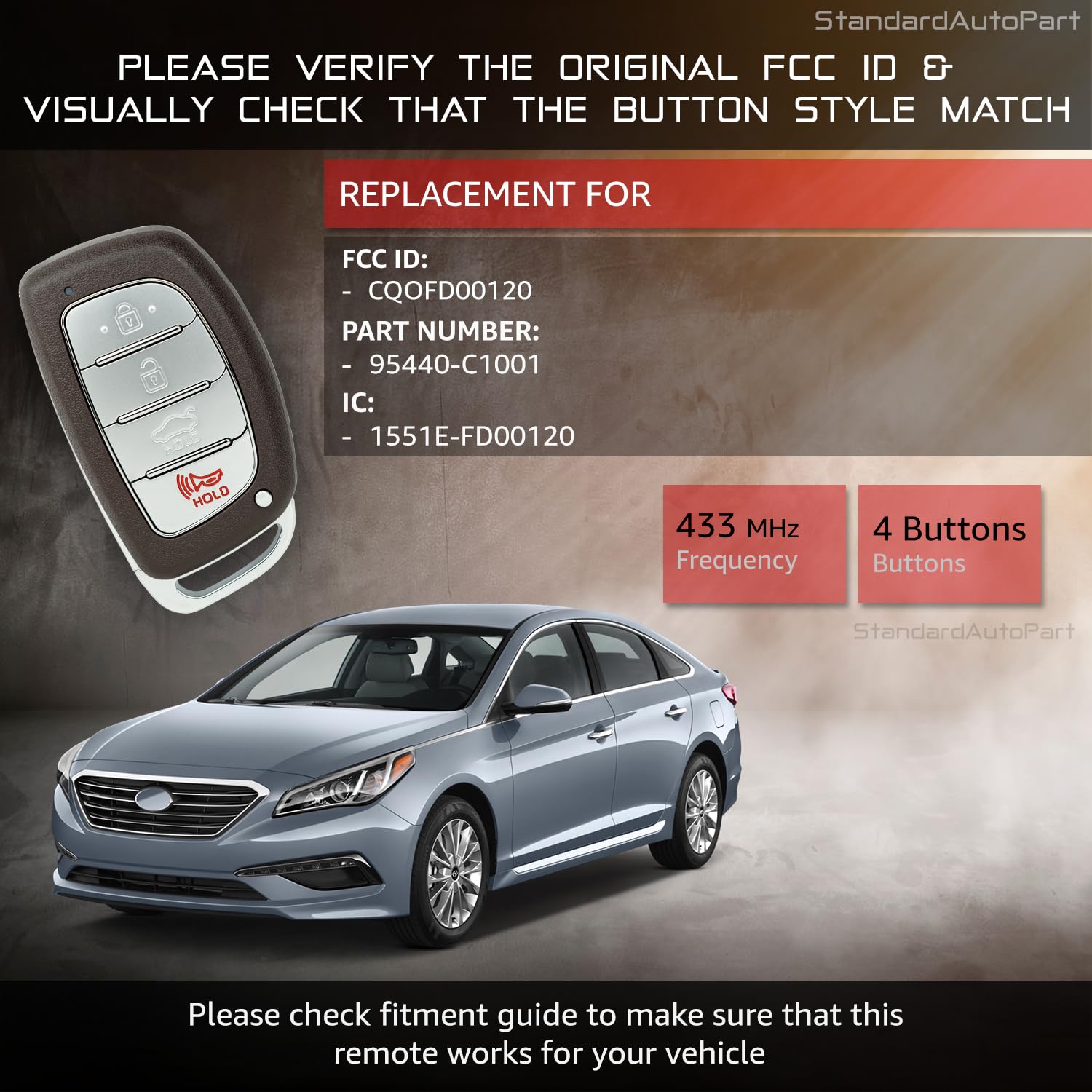 StandardAutoPart Telecomando Smart Key a 4 pulsanti compatibile con Hyundai Sonata 2015 2016 2017 95440-C1001 95440-C1000 CQOFD00120 [433 MHz]