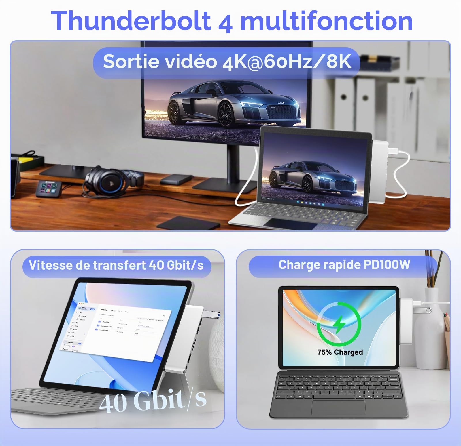 Station d'accueil pour Surface Pro 12 accessoires, concentrateur USB et adaptateur avec HDMI 4K, USB-C Thunderbolt 4 (affichage+données + PD 100 W), 2 USB 3.0, audio 3,5 mm, fente pour carte SD/TF