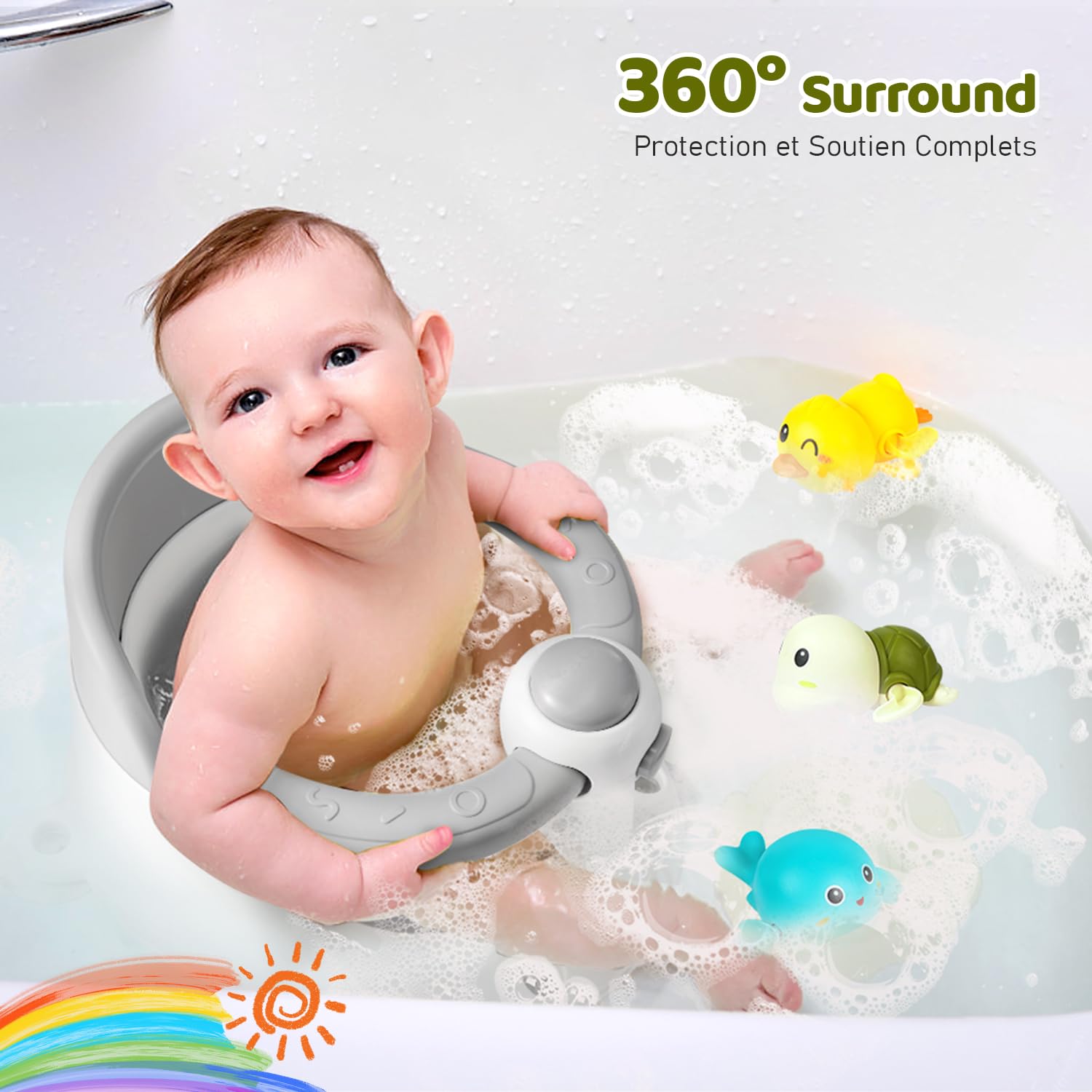 Siège de Bain pour Bébé - Chaise de Bain pour Bébé 6-12 - 24 mois - Antidérapant et 4 Grandes Ventouses - Les Indispensables du Baby Shower - Comprend 3 jouets