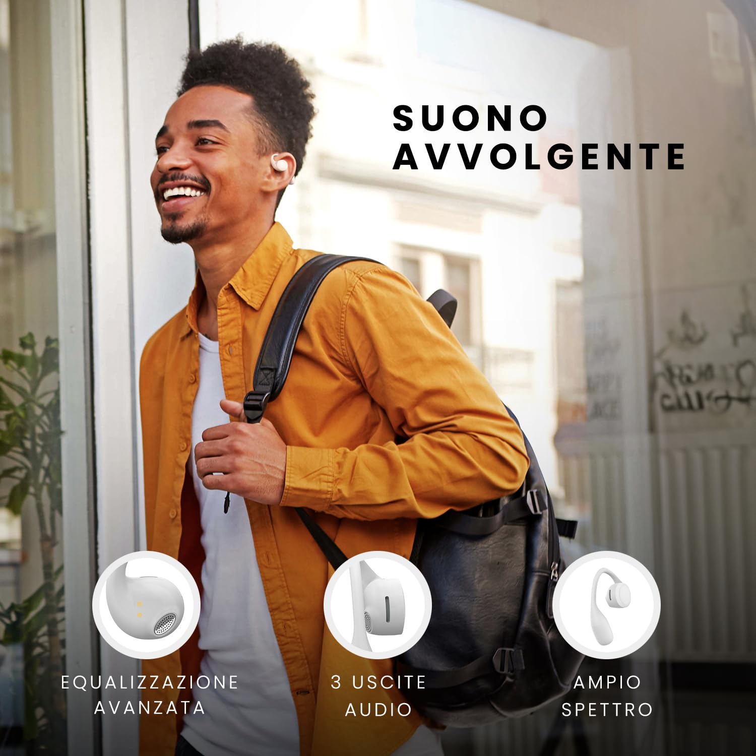 SPC Ether 2 Sense – Cuffie wireless Bluetooth Open-Ear con cancellazione del rumore nelle chiamate, batteria a lunga durata (30h), microfono, doppia connettività, IPX4 - Bianco
