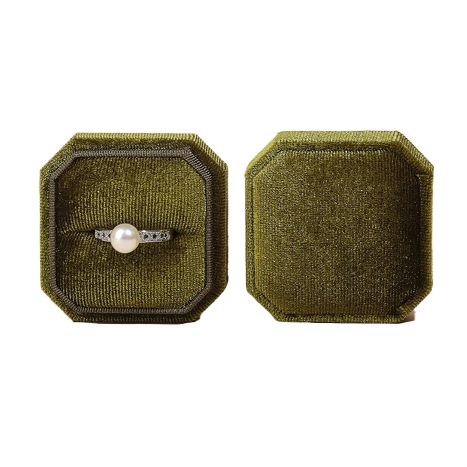 Ring Box Vintage Octagon Square Velvet Single And Double Ring Box With Detachable Lid Earrings Proposal Engagement Wedding Ceremony Gifts(Green Single Ring)
