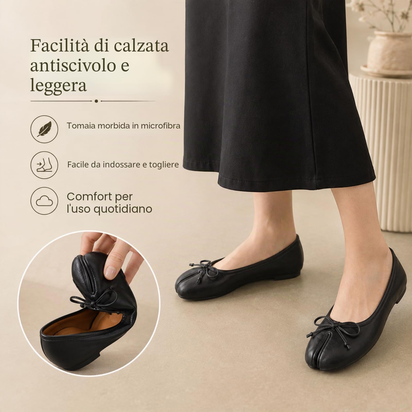 JCVBN - Scarpe basse da donna con punta divisa e fiocco, in morbida pelle, con fiocco sul davanti, basse, senza lacci, ballerine