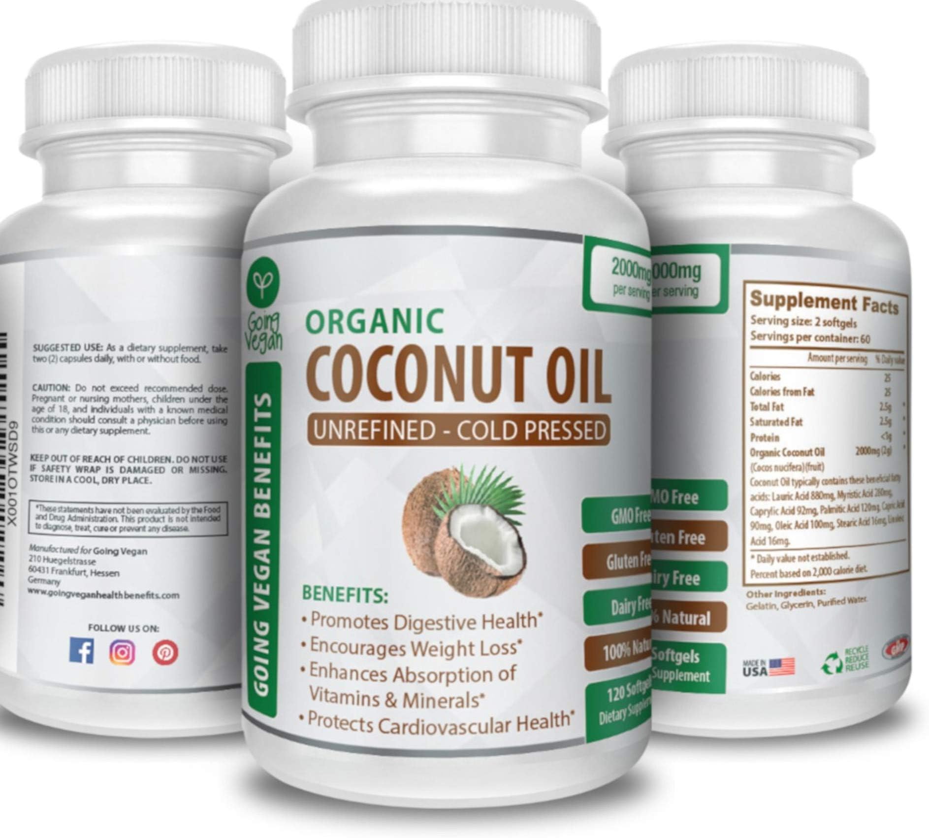 Organic Coconut Oil Capsules 2000mg - 100% Extra Virgin, Cold Pressed for Healthy Skin, Extra Hair Growth, Nail Care, Brain Booster - 120 Softgels - Unrefined Pure & Non GMO Pills - Rich in MCT