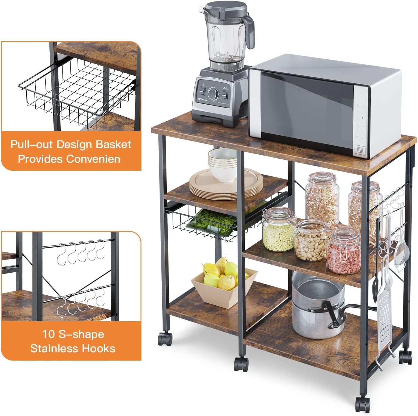 ❤ Crаzу Dеаlѕ ODK Kitchen Bakers Rack, Utility Storage Shelf Microwave Oven Stand, 3-Tier+4-Tier Coffee Bar Table with 10 S-Shape Hooks, for Spice Rack Organizer Workstation, Metal Frame, Vintage Brown