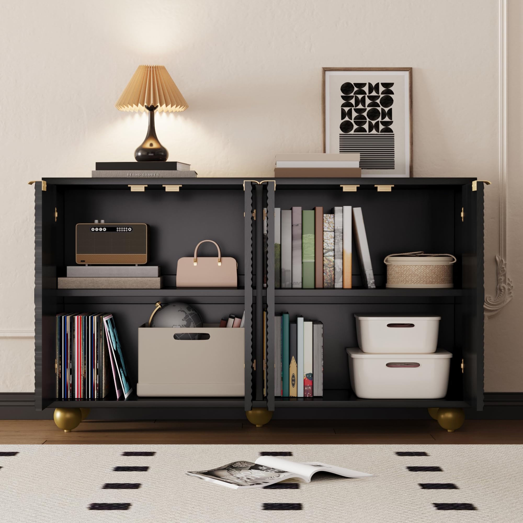 Aparador negro 120 x 35 x 71,5 cm con cuatro puertas moldeadas, estantes interiores ajustables, asas de metal y patas esféricas