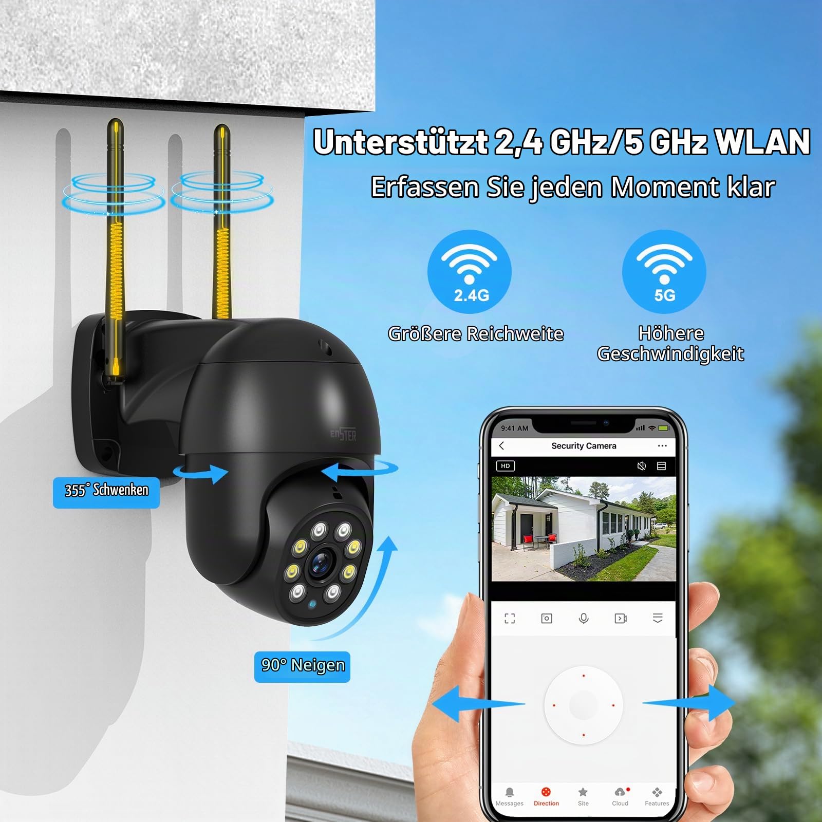 ENSTER 5MP Überwachungskamera Außen WLAN, 355° Schwenkbar, IR Nachtsicht 45m, WLAN Kamera Outdoor 2-Wege-Audio, 5G/2.4G WiFi（Black）