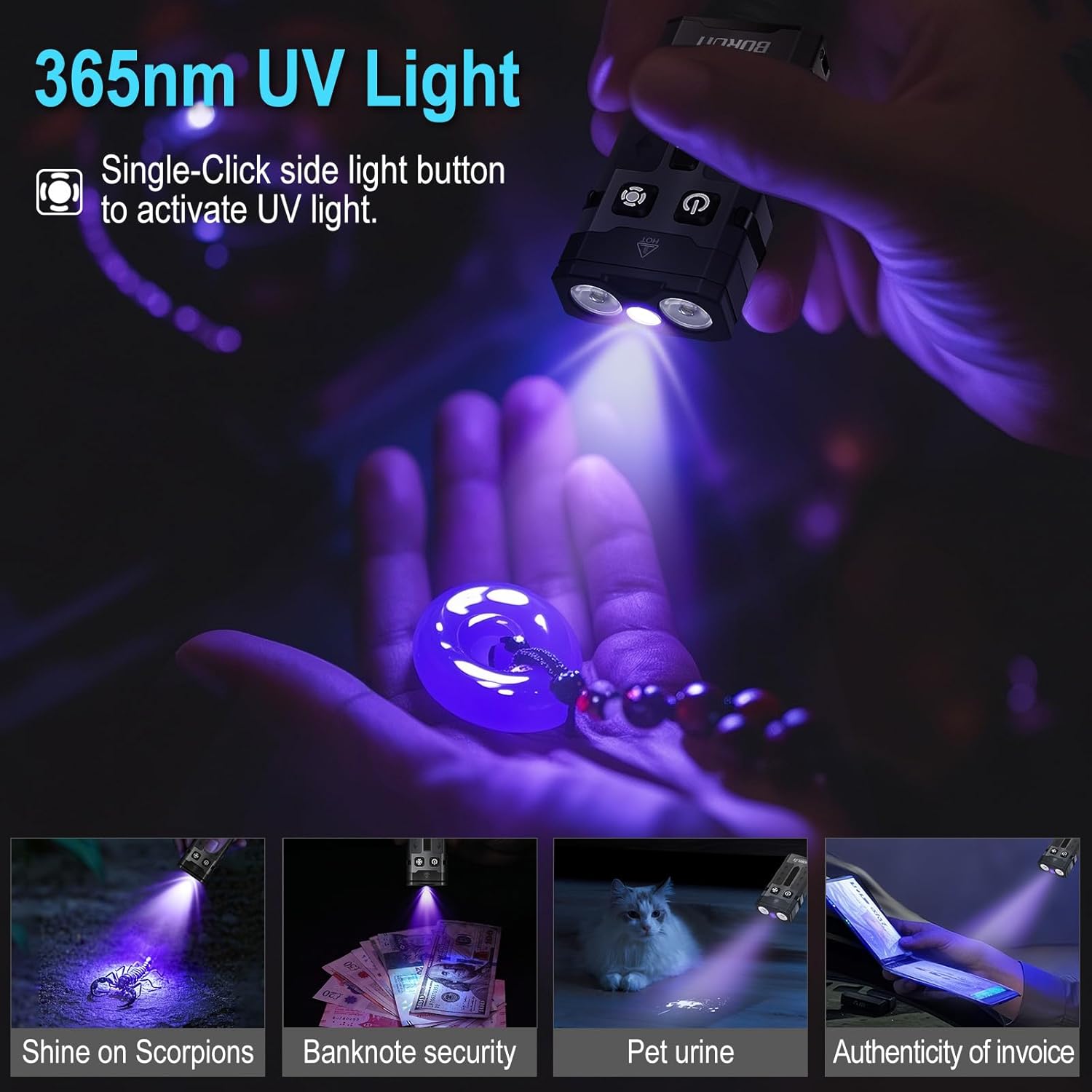 BORUIT EV20 flashlight emitting 365nm UV light, showing its use for banknote security and other applications