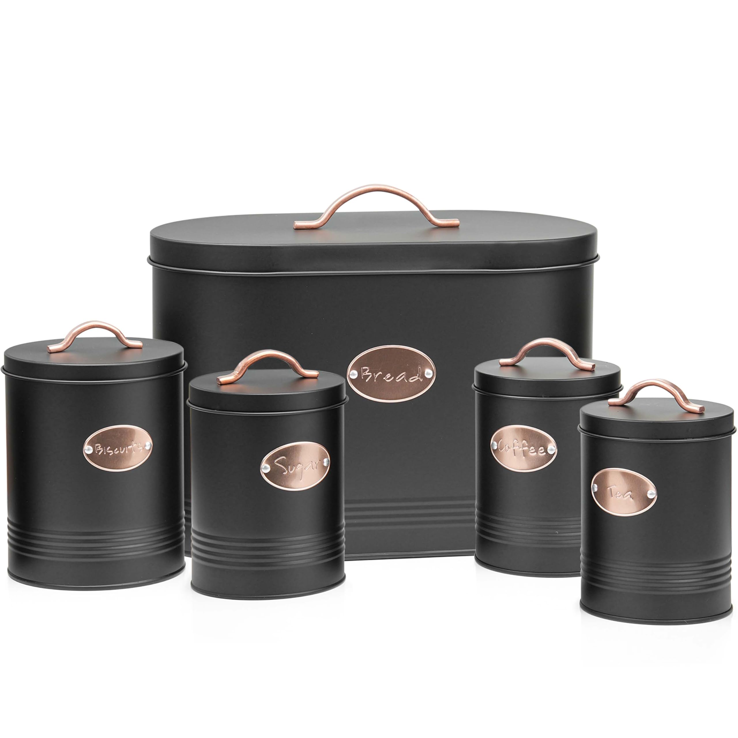 Denny International Black 5Pc Kitchen Food Storage Set Bread Bin, Biscuit Tin And Tea, Coffee & Sugar Canister Set, Vintage Classic Inspired Metal Storage Set (Black)