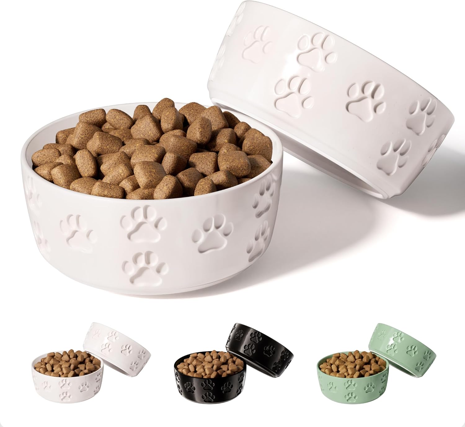 HBDesignCo Ceramic Dog Bowl Set of 2 - Anti-Skid Base, 2 Cup Small Dog Food & Water Bowls, Paw Print Design for Small Pets