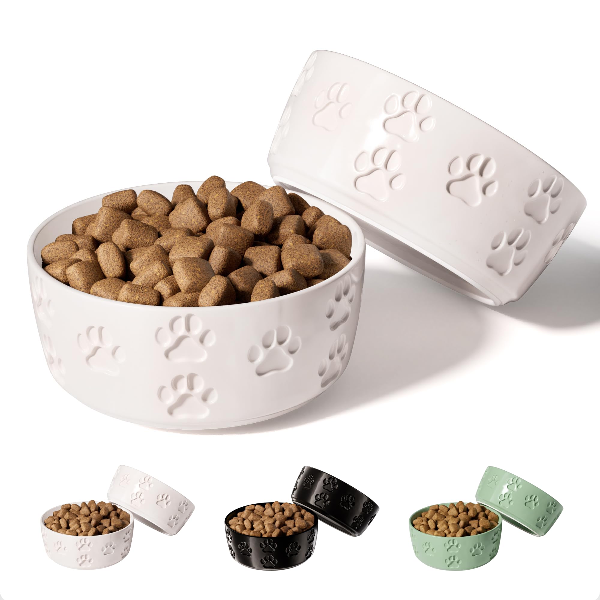 Ceramic Dog Bowl Set with Anti-Slip Rings - 5" Round x 2" Tall Set of 2 Ceramic Dog Bowls for Small Dogs - Small Dog Bowls - Dog Food and Water Bowl - White Dog Food Bowls - Dog Bowls Small Size Dog