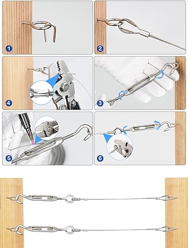 Miniatura 17 de TooTaci Kit de tensor de alambre tensor, cable de acero inoxidable recubierto de vinilo de 100 pies 1/16 con tensores M5 para cables, cuerda