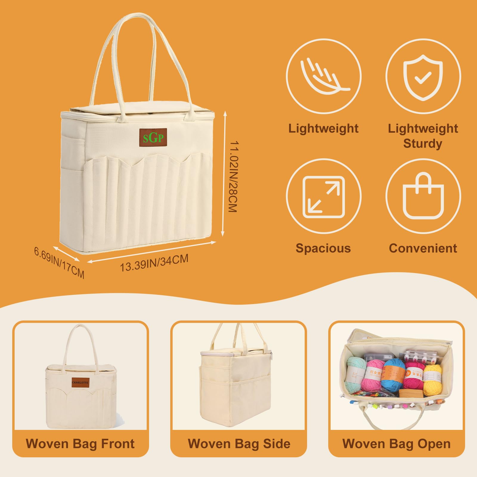 Personalisierte Häkeltasche Name, Stilvolle Garn Tasche Projekte, Leinwand Organizer Mehrere Taschen Löcher, Strick Geschenk Liebhaber Oma Mama