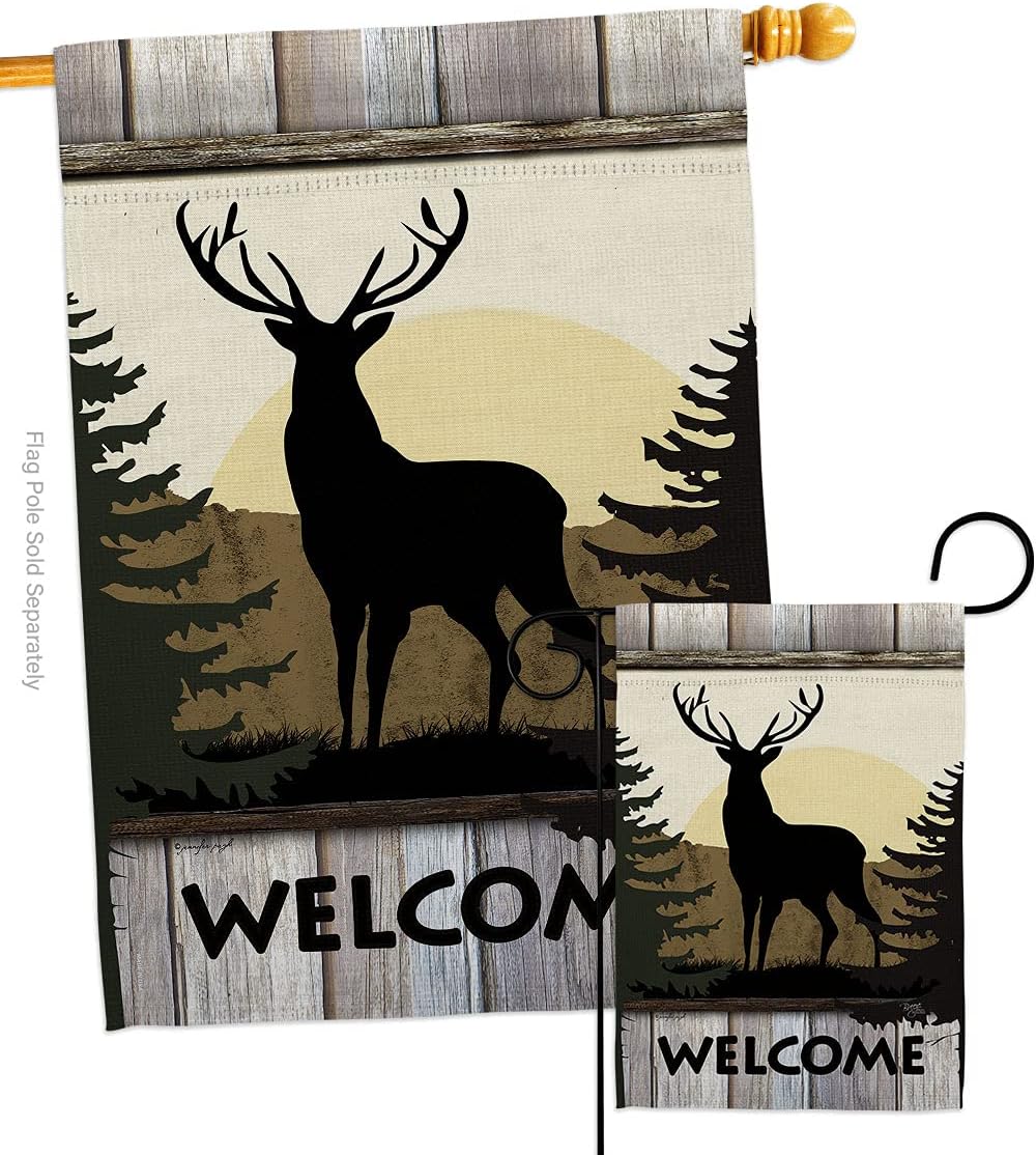Welcome Deer Garden House Flags Set Animals Wildlife Outdoor Bear Wolf Pet Nature Farm Animal Creature Small Decorative Gift Yard Banner Made In USA 28 X 40
