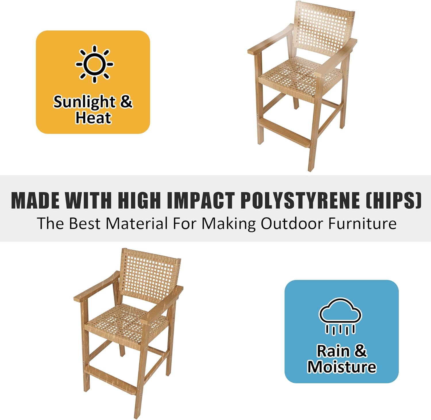 Poly Lumber Outdoor Bar Stools, Durable HIPS Material with PE Rattan Back and Seat, Weather Resistant, for Patio, Poolside, Garden, Yard, Balcony (Teak Tone, 2 Piece)