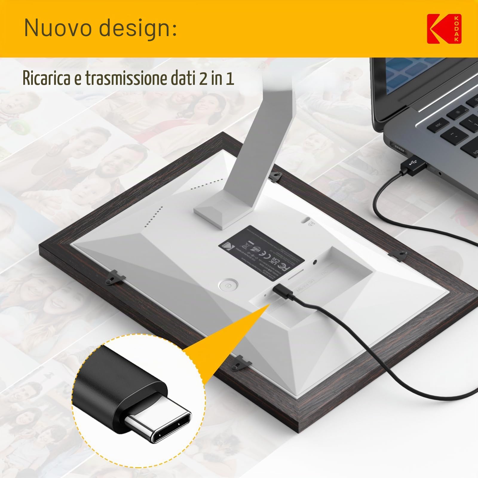 KODAK Cornice Digitale WiFi Cornice Foto Digitale, 7 Pollici HD IPS Touchscreen, Legno Cornici Elettronica con 32GB di Memoria, Portafoto Digitale Condivisione di Foto/Video via APP o Cavo di USB C